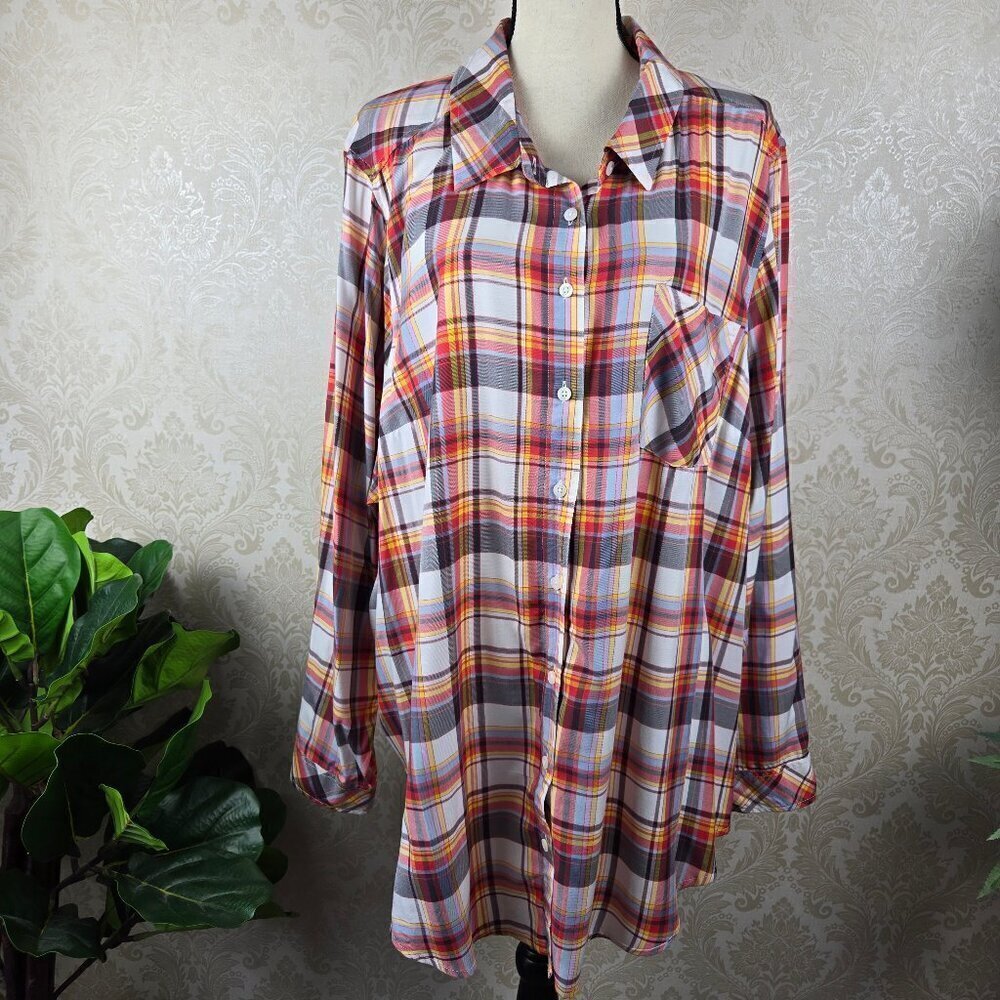 Torrid Size 4 (US 26) Multicolor Plaid Tunic Top Button Down Front Long Sleeves